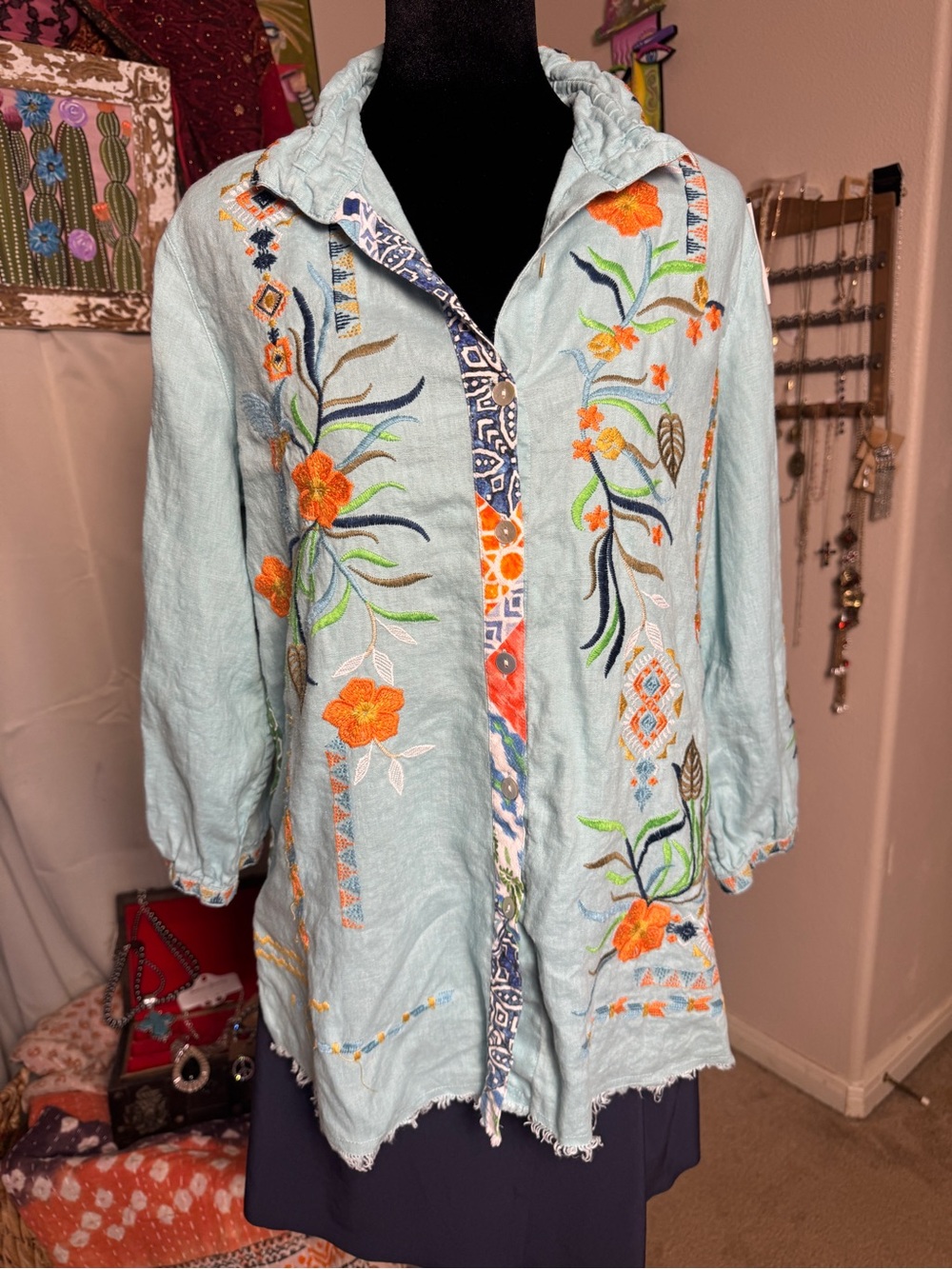 John Mark Light Blue Button-Front Embroidered Shirt